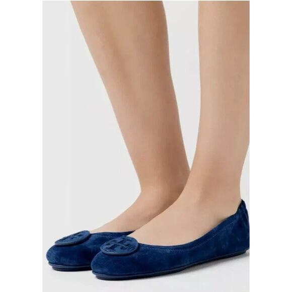 Tory Burch Minnie Travel Ballet Flat Blue Suede Womens Sz 6.5 M Foldable - Picture 14 of 14